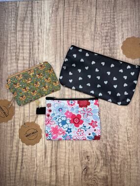 Set of 3 Coin Purses Small Accessory Bags Cats Flowers Hearts Cute Set